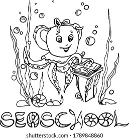 Baby octopus studying at the sea school, first grade class activity. Coloring page with cute character for kids entertainment