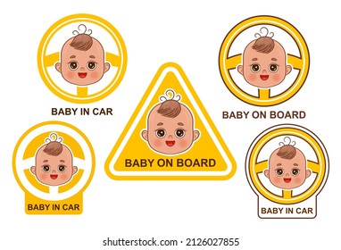 Baby on board car sticker icon set. Cute small child passenger sitting in transport. Face little kid boy. Infant travel in pram. Warning sign for vehicle. Safety journey for preschool children. Vector