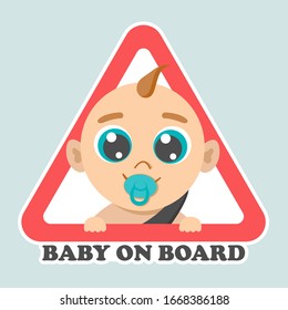 Baby On Board. Cartoon Little Boy. Bumper, Rear Window Sticker. Color Sign. Warning. Vector Illustration. 