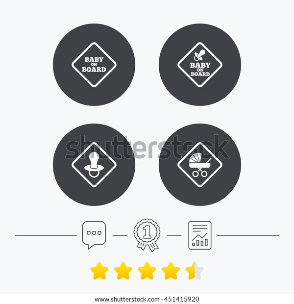 Baby on board icons. Infant caution signs. Child
buggy carriage symbol. Chat, award medal and report linear icons.
Star vote ranking. Vector