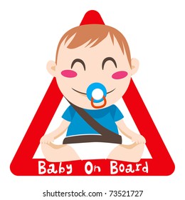 Baby on board red triangle warning sign for vehicle safety with seatbelt