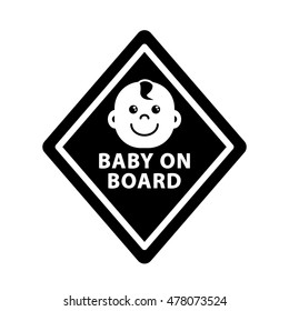Baby on board sign on black rhombus, monochrome symbol, outline icon, flat vector illustration