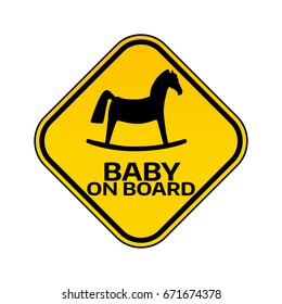 Baby on board sign with child horse silhouette in yellow rhombus on a white background. Car sticker with warning. Vector illustration.