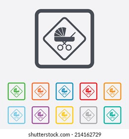 Baby on board sign icon. Infant in car caution symbol. Baby buggy carriage. Round squares buttons with frame. Vector