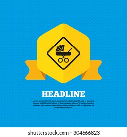 Baby on board sign icon. Infant in car caution symbol. Baby buggy carriage. Yellow label tag. Circles seamless pattern on back. Vector