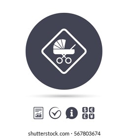 Baby on board sign icon. Infant in car caution symbol. Baby buggy carriage. Report document, information and check tick icons. Currency exchange. Vector