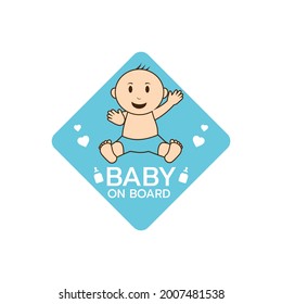 Baby on board sign logo icon. Child safety sticker warning emblem. Cute Baby safety design illustration,Funny small smiling boy or girl. The sticker on the back window of the car.