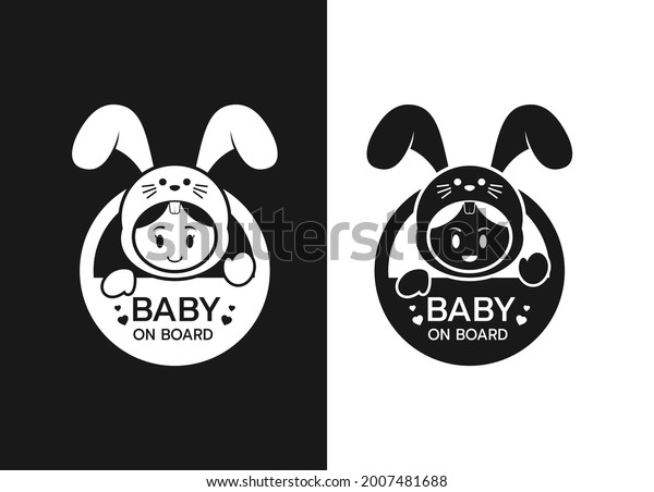 Baby on board sign logo icon. Child safety sticker\
warning emblem. Baby safety design illustration,Funny small smiling\
boy and girl wearing bunny suite. The sticker on the back window of\
the car. 
