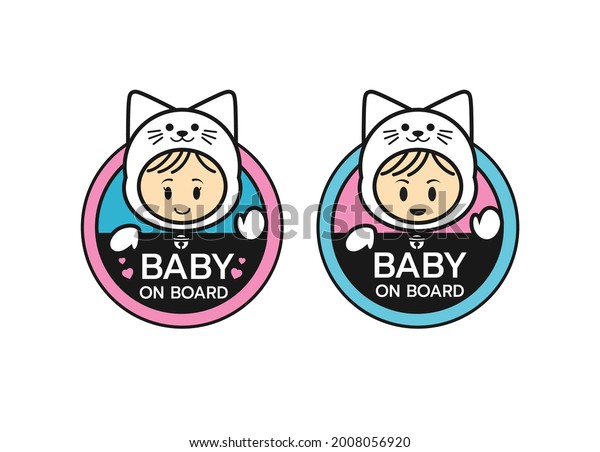 Baby on board sign logo icon. Child safety sticker\
warning emblem. Cute Baby safety design illustration,Funny small\
smiling boy and girl wearing cat suite. The sticker on the back\
window of the car.