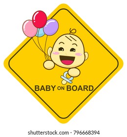 Baby on board sign, Baby smiling and holding balloon