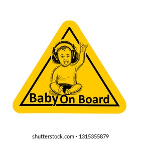 Baby On Board. The sticker on the back window of the car. Children vector illustration with text.