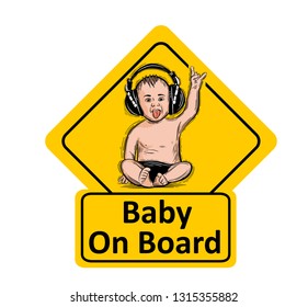 Baby On Board. The sticker on the back window of the car. Children vector illustration with text.