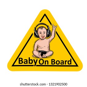 Baby On Board. The sticker on the back window of the car. Children vector illustration with text.