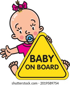 Baby on board sticker. Funny small girl and sign