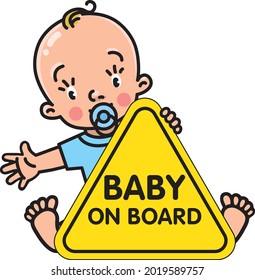 Baby on board sticker. Funny small boy and sign