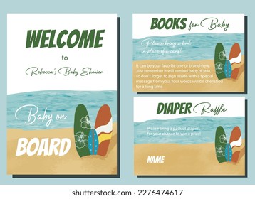 Baby On Board Surfing Tropical Beach Baby Shower! Our beautiful tropical design invites the ocean feel to your special celebration. Get ready to dive into the vibe with our fun and creative surfboards