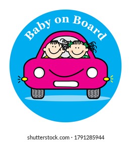 Baby on board, two little kids at car, humorous vector illustration on blue circle  frame
