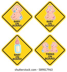 Baby on board warning yellow sign set. Car sticker. Vector cartoon illustration of a little girl, boy, twins and milk bottle with pacifier isolated on a background.