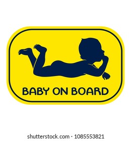 Baby on board yellow rectangle sticker with warning sign for children safety in car. Vector illustration.