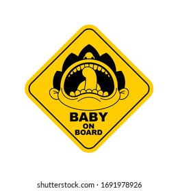 Baby on car sticker. Kid on board. face of crying boy. Children tantrum