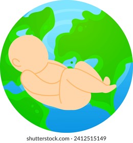 Baby on Earth, Newborn cradled by globe, Infant global future concept. Harmony, mother nature care, life protection vector illustration.