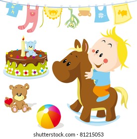 Baby On Rocking Horse With Toys And Other Elements