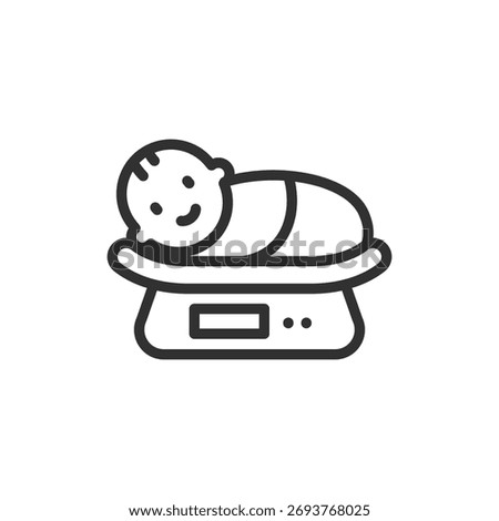 Baby on scale, linear icon. Newborn weight measurement and health care. Line with editable stroke.