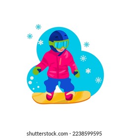 Baby on snowboard. Winter sport for children. Flat design, vector illustration.