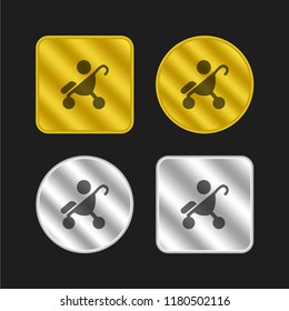 Baby on stroller side view silhouette gold and silver metallic coin logo icon design