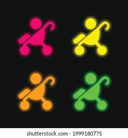 Baby On Stroller Side View Silhouette four color glowing neon vector icon