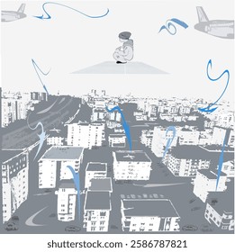 A baby on a transparent mat above the city. Blue arrows point to buildings, cars, planes. Simulation of a virtual game.