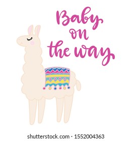 Baby on the way shower girl and boy invitation with hand drawn lettering and llama. Template for birthday party card. Vector illustration.
