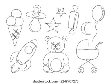 Elementos de dibujo de una línea para bebé. Colección de adorables objetos y juguetes para niños. Oso, pacificador, carro. Ilustración del vector