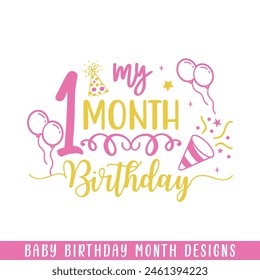 Baby one months birthday decorative, baby birthday months designs svg