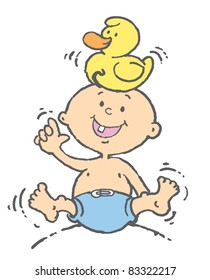 A Baby With One Tooth Has A Duck On His Head
