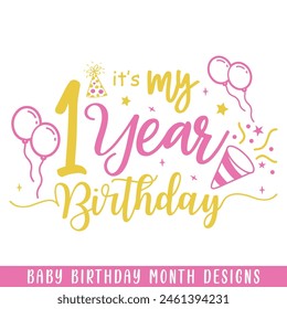 Baby one year birthday decorative, baby birthday months designs svg
