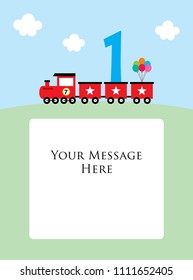 baby one year old birthday greeting card with little train. baby 1st birthday greeting card with train graphic vector.