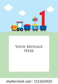 baby one year old birthday greeting card with little train. baby 1st birthday greeting card with train graphic vector.