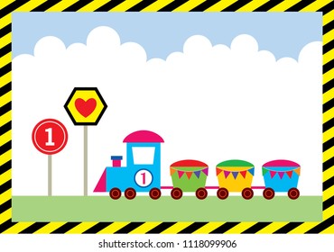 baby one year old birthday greeting card with little train. baby 1st birthday greeting card with train graphic vector.
