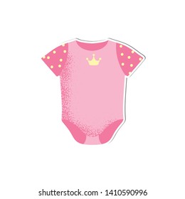 Baby onesie with crown for girl vector isolated. Cartoon style icon of wear for the happy child. Simple object for baby shower card. A simple accessory for kid comfort. 