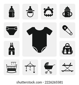 Baby onesie flat web icon. Bodysuit, romper, clothes silhouette solid black vector. Baby icon set