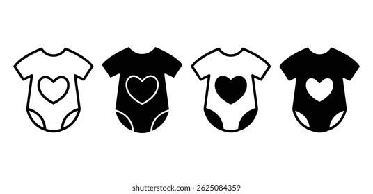 Baby Onesie Icons with Heart Detail Black and White Color Vector Design
