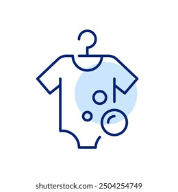 Baby onesie on rack and soap bubbles. Infant clothes washing. Pixel perfect, editable stroke icon