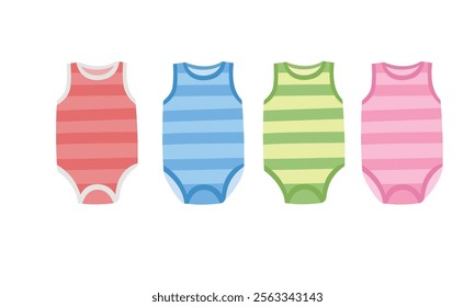 Baby onesie vector illustration in cartoon style. Sleeveless onesie clipart with colorful stripes. Baby clothing vector in cartoon style. Baby element, baby shower flat vector isolated on white