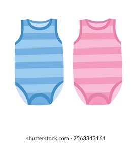 Baby onesie vector illustration in cartoon style. Sleeveless onesie clipart with blue and pink stripes. Baby clothing vector in cartoon style. Baby element, baby shower flat vector isolated on white