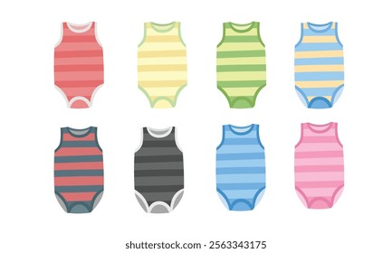 Baby onesie vector illustration in cartoon style. Sleeveless onesie clipart with colorful stripes. Baby clothing vector in cartoon style. Baby element, baby shower flat vector isolated on white