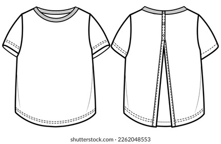 Bebé abrir atrás T Shirt diseño dibujo plano ilustración de moda maqueta modelo maqueta arriba con vista frontal y trasera. Niñito niño bebé abierto de vuelta cuello de la tripulación T camiseta arriba cad vector plantilla