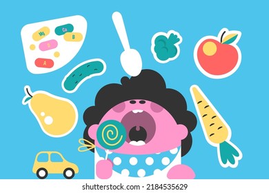 Baby open mouth to take vitamin vector illustration. Healthy nutrition for kid flat style. Vitaminized eating, vegetable and fruit concept