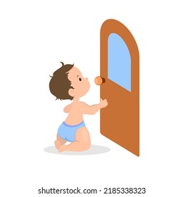 Baby opening door. Child sitting by the doorway. Kid playing. Vector illustration.