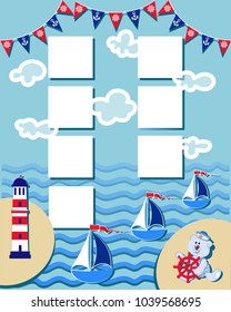 Baby organizer with funny Polar bear-toddler. Adventure time and marine travel. The layout can also be used for children's photos.